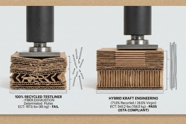 Corrugated compression test: 100% Recycled Testliner fails 187.5 lbs (Fiber Exhaustion); Hybrid Kraft Engineering passes 345.2 lbs.