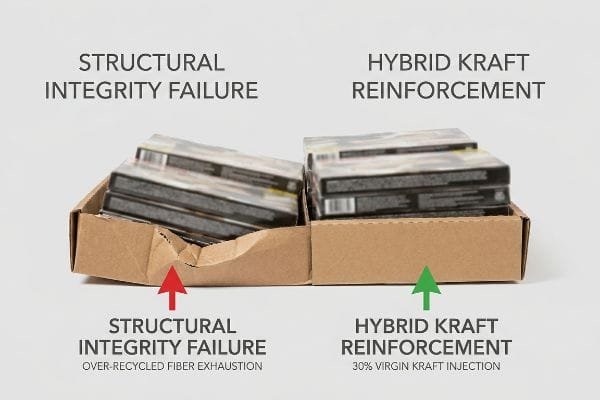 Brown cardboard boxes demonstrate Structural Integrity Failure from Over-Recycled Fiber Exhaustion versus Hybrid Kraft Reinforcement with 30% Virgin Kraft Injection.