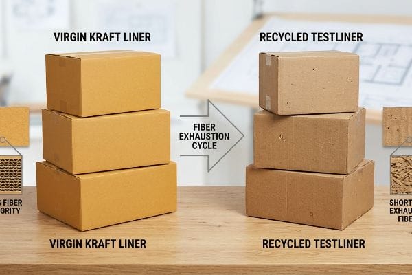 Virgin Kraft Liner boxes with long fiber integrity contrasted with Recycled Testliner boxes showing short exhausted fibers from the fiber exhaustion cycle.