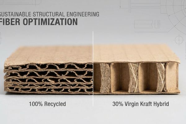 Cross-section comparison of 100% Recycled corrugated board and 30% Virgin Kraft Hybrid, showcasing fiber optimization for Sustainable Structural Engineering.