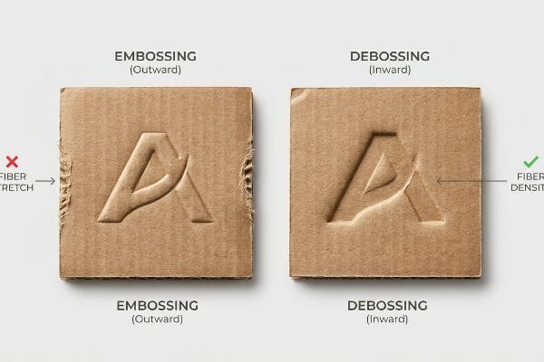 Échantillons de carton ondulé : le gaufrage (vers l’extérieur) provoque un étirement des fibres ; le débossage (vers l’intérieur) améliore la densité des fibres.