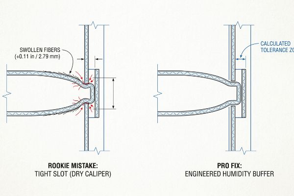 Diagram shows tight slot (dry caliper) with 0.11 inch swollen fibers versus engineered humidity buffer with calculated tolerance zone.