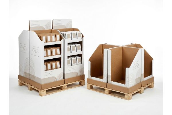 Corrugated cardboard fractional pallet displays, one filled with brown boxes, one empty, on wooden pallets.