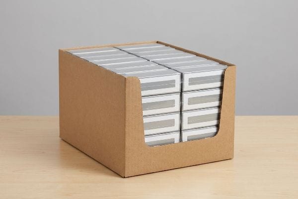 Ein verkaufsfertiges, braunes Wellpapp-Tablett, gefüllt mit mehreren Reihen silberner Produktkartons, präsentiert auf einer hellen Holzoberfläche.