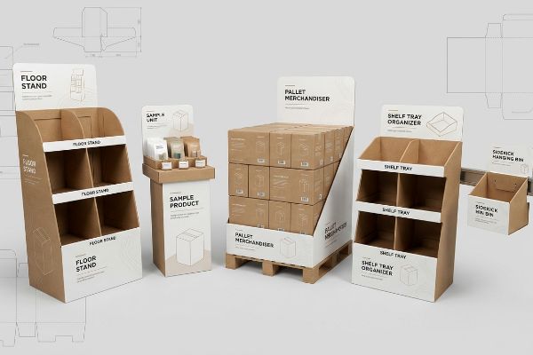 Natural brown corrugated cardboard retail displays: Floor Stand, Sample Unit with products, Pallet Merchandiser, Shelf Tray Organizer, and Sidekick Hanging Bin.