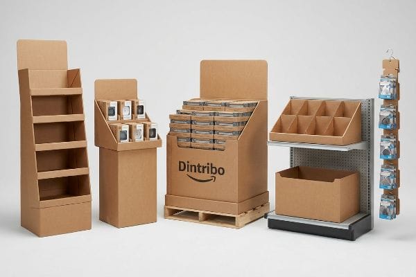 Présentoirs de vente au détail en carton ondulé brun : présentoir de sol, présentoir de comptoir, présentoir sur palette Dintribo sur palette en bois, plateau prêt à la vente et bande à clips.