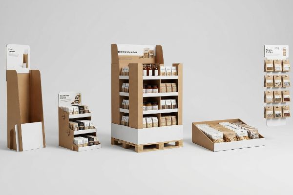 Natural kraft cardboard retail displays: a tall Pop-Up Standee, tiered Custom Display, large pallet merchandiser, shelf-ready tray, and clip strip with Nuts & Dry Bars.