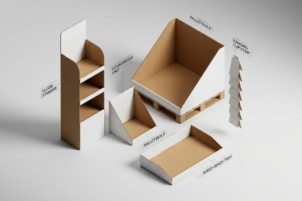 Five corrugated retail displays: a Floor Stander, Countertop Unit, Pallet Build, Shelf-Ready Tray, and Hanging Clip Strip.