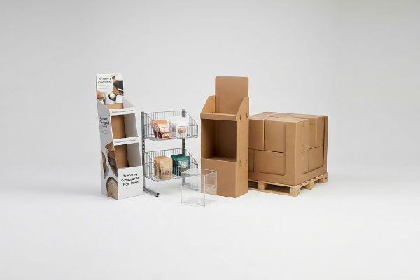 Temporary corrugated floor stand, semi-permanent metal wire rack, heavy-duty pallet merchandiser, and acrylic countertop units.