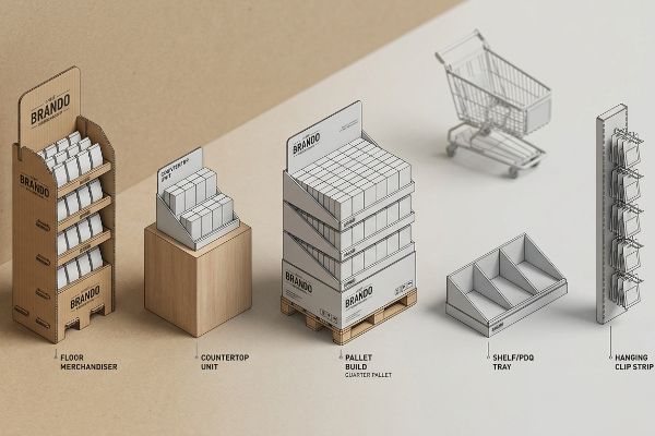 Brando floor merchandiser, countertop unit, pallet build quarter pallet, shelf/PDQ tray, hanging clip strip, and shopping cart.