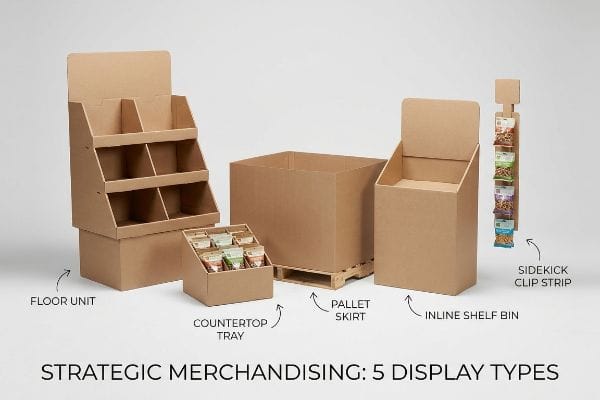 Kraft cardboard retail displays illustrating five types: Floor Unit, Countertop Tray, Pallet Skirt, Inline Shelf Bin, and Sidekick Clip Strip for Strategic Merchandising.