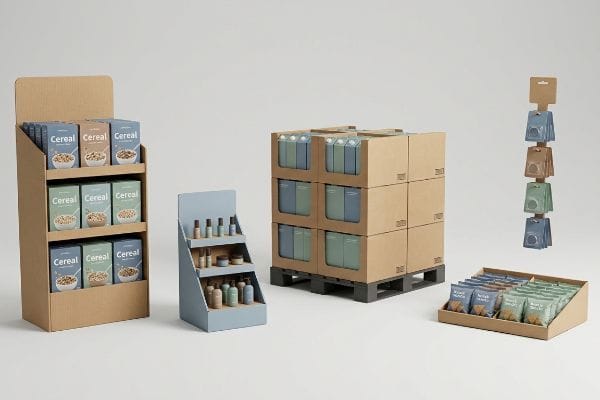 Cardboard floor, blue counter, pallet, clip strip, and shelf-ready displays showcase cereal, cosmetics, and beverages.