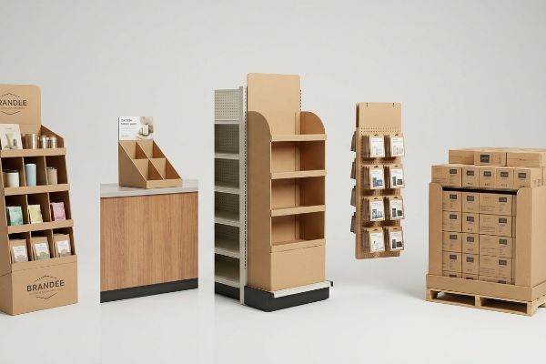 Kraft cardboard displays showcase five retail POP units: a Brandee floor stand, countertop PDQ, empty floor unit, sidekick rack, and pallet merchandiser.