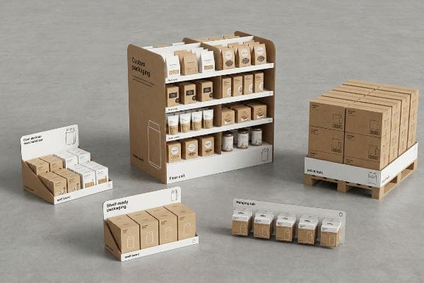 Kraft cardboard retail displays: Floor Unit, Countertop Merchandiser, Shelf-Ready Packaging, Hanging Tab, and Pallet Bulk options on a concrete floor.