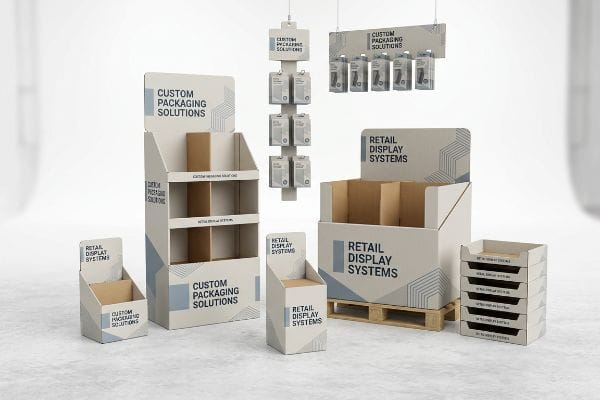 Corrugated retail display systems: floor merchandisers, countertop units, hanging clip strips, and shelf-ready trays, branded 'Custom Packaging Solutions'.