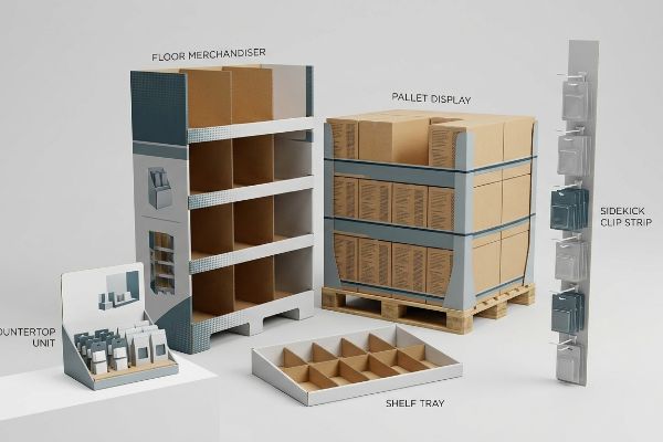 Cardboard retail display types: Floor Merchandiser, Pallet Display, Sidekick Clip Strip, Countertop Unit, and Shelf Tray.