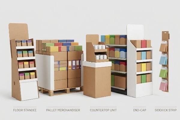 Natural brown cardboard retail displays: Floor Standee, Pallet Merchandiser, Countertop Unit, End-Cap, Sidekick Strip, with colorful product boxes.