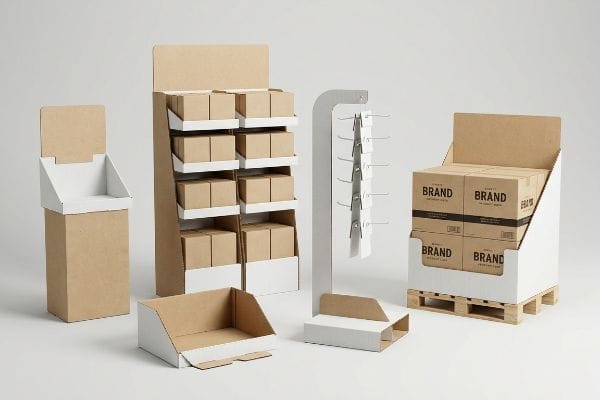 Kraft and white cardboard retail displays: floor, pallet with Brand boxes, metal clip strip, and shelf-ready tray.