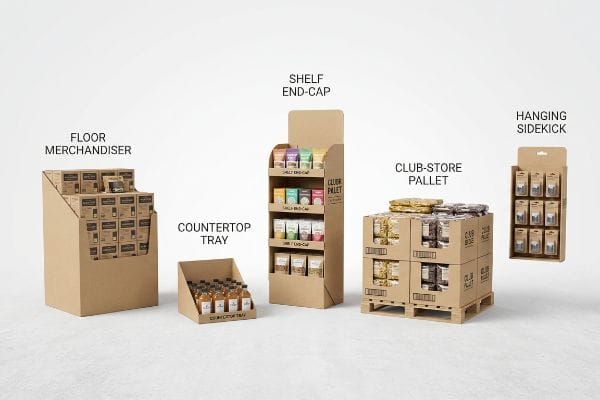 Cinq présentoirs de vente au détail en papier kraft : présentoir de sol, plateau de comptoir, tête de gondole, palette pour entrepôt et présentoir suspendu, remplis de produits.