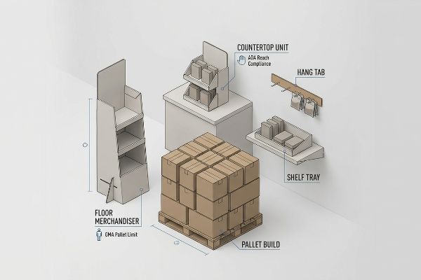 Isometric illustration of five retail display types: Floor Merchandiser (Gma Pallet Limit), Countertop Unit (Ada Reach Compliance), Pallet Build, Shelf Tray, and Hang Tab.