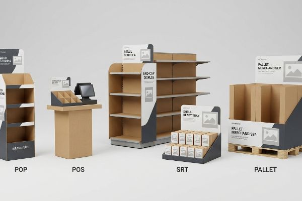 Cardboard and dark grey retail displays: POP, POS, End-Cap, Shelf-Ready Tray, and Pallet Merchandiser units for diverse store zones.