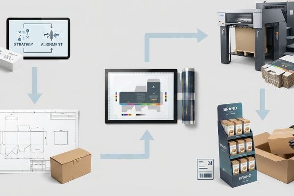 Illustrating the five-step retail display creation process: strategic alignment, structural engineering, graphic prepress, mass production, and fulfillment logistics.