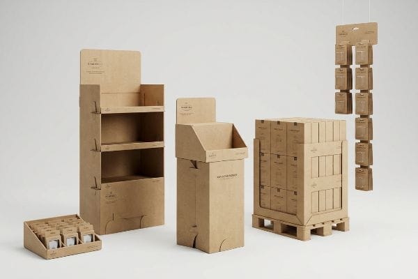Natural kraft cardboard displays: a floor unit, countertop merchandiser, pallet structure, shelf tray with Ready Box products, and hanging clip strip.
