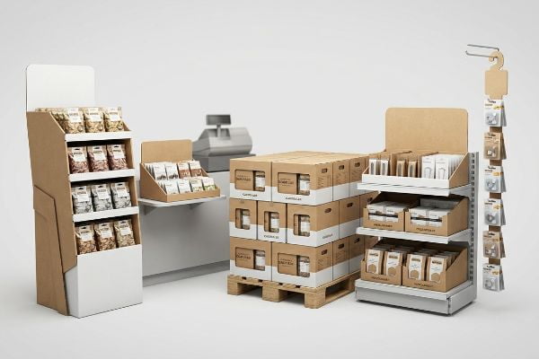 Kraft cardboard retail displays, including a floor unit, countertop tray, pallet stack, shelf merchandiser, and hanging clip strip.