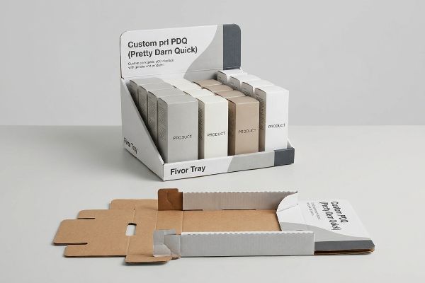 Corrugated Fivor Tray PDQ display, showing assembled Custom Pri PDQ (Pretty Darn Quick) boxes and its flat-pack auto-locking design.