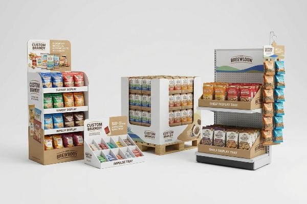 Cardboard retail displays: Custom Brandy Flankey Display, Impulse Tray, Pallet Display, and Breewloow Shelf Display Tray with Clip Strips.