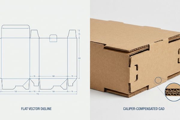 Corrugated cardboard packaging comparison: Flat Vector Dieline blueprint versus an assembled Caliper-Compensated CAD box with B-flute detail.