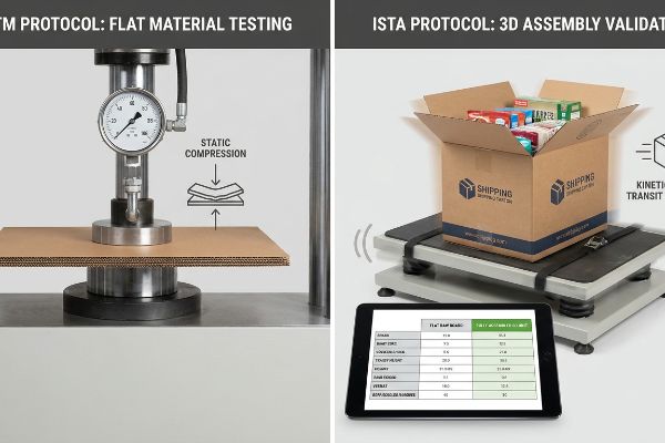 ASTM Flat Material Testing shows static compression of corrugated board, while ISTA 3D Assembly Validation uses a kinetic transit vibration table for a Shipping box.