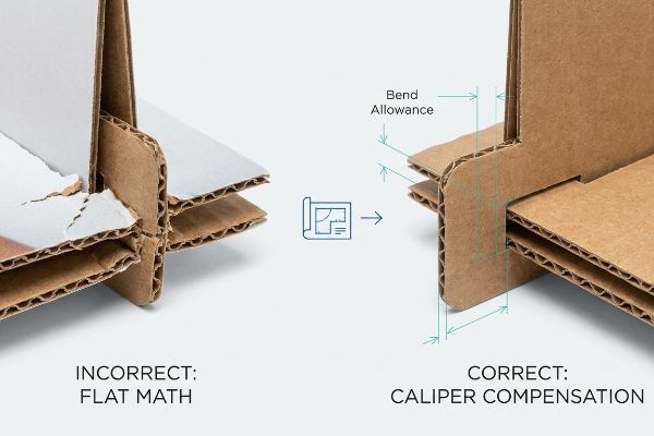 A junta de papelão ondulado rasgada, resultado de um cálculo incorreto, contrasta com uma junta perfeitamente encaixada, demonstrando as medidas corretas de compensação do paquímetro e tolerância de curvatura.