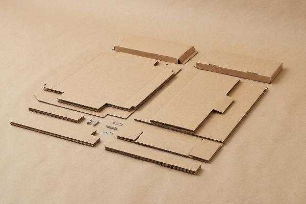 Flat-pack corrugated cardboard FSDU components and small metal fasteners laid out for assembly, highlighting logistical efficiency.