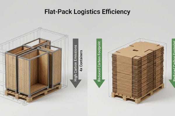 Graphique sur l'efficacité logistique des emballages plats, comparant les émissions de carbone élevées de quatre présentoirs assemblés à l'empreinte carbone réduite des emballages plats en carton ondulé dense.