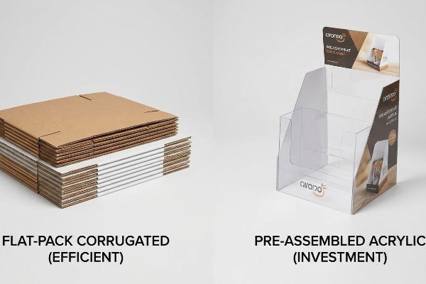 Stacked Flat-Pack Corrugated (Efficient) cardboard sheets contrasted with a Pre-Assembled Acrylic (Investment) D'Ondro display.