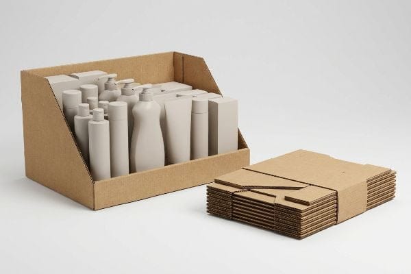 Brown corrugated cardboard display box filled with unbranded cosmetic bottles and tubes, alongside a stack of flat-pack retail display components.