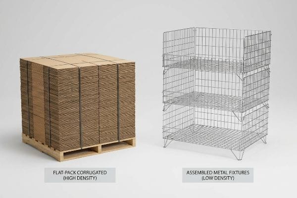 Brown flat-pack corrugated cardboard on a pallet (High Density) contrasted with an assembled metal wire rack (Low Density).
