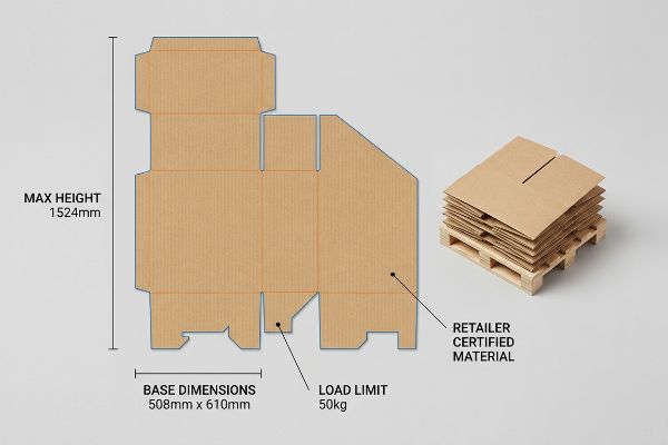Displaying a corrugated cardboard flat-pack with Max Height 1524mm, Base Dimensions 508mm x 610mm, Load Limit 50kg, and Retailer Certified Material, next to stacked inserts on a pallet.
