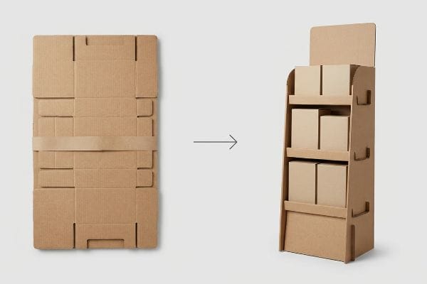 Présentoir en carton ondulé démontable et pliable se transformant en unité de vente temporaire assemblée, comportant trois étagères pour contenir des petites boîtes.
