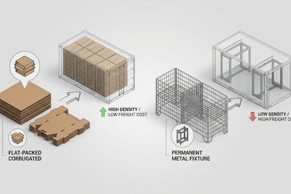 Freight Cost Comparison Corrugated flat-packed units enable high-density, low-cost freight, contrasting permanent metal fixtures' low density and high freight cost.