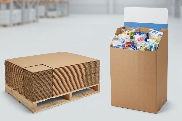 An industrial setting shows flat-packed corrugated sheets on a pallet and an assembled PDQ dump bin with retail products.