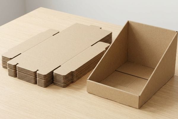 On a light wooden table, flat-packed and assembled brown corrugated cardboard PDQ display trays showcase retail-ready packaging.