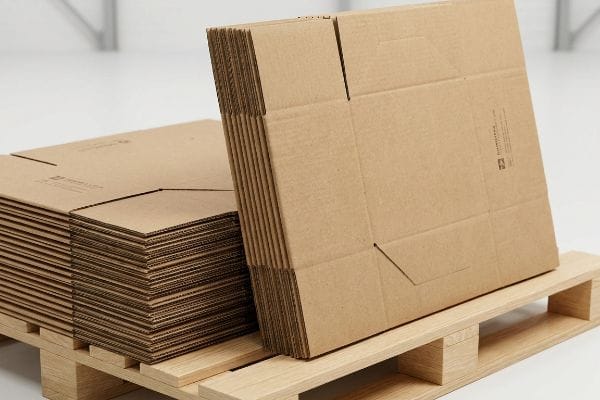 Flat-packed corrugated cardboard shipper display boxes stacked on a wooden pallet, ready for retail logistics.