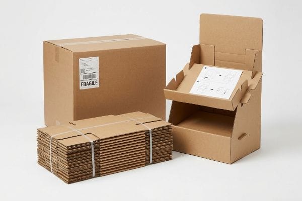Assembled two-tiered retail display, flat-packed units, and a master carton with 'Fragile' label, showing shipping and assembly.