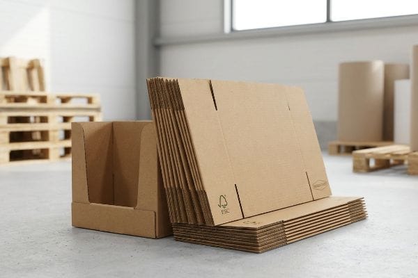 Flat-packed corrugated cardboard display stands with visible FSC certification logo, ready for assembly in a warehouse.