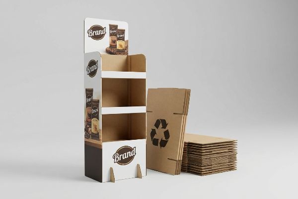 Corrugated cardboard floor display stand featuring 'Brand' logos, product packaging images, and flat-packed recyclable units.