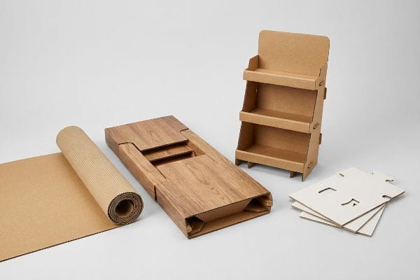 Corrugated cardboard materials for POP displays, showing a roll, flat-packed wood-grain unit, and assembled three-tier stand.