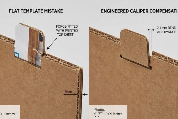 Corrugated cardboard comparison illustrating a Flat Template Mistake with a torn top sheet (3mm) versus Engineered Caliper Compensation with a 2.4mm bend allowance.