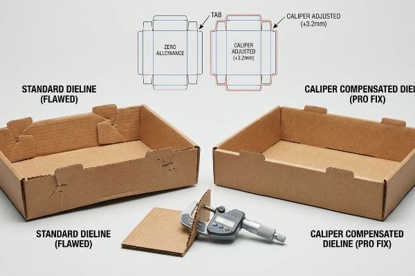 Corrugated cardboard trays comparing a Flawed Standard Dieline to a Caliper Compensated Dieline (Pro Fix), with diagrams and a micrometer measuring board thickness.